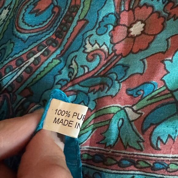 100% Pure Silk Floral Paisley Scarf in Teal Green & Rose Pink Made In India - Picture 5 of 6